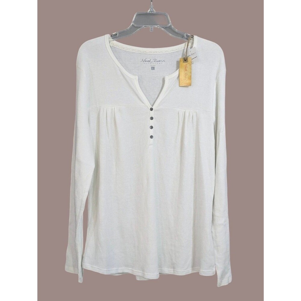 NEW North River Henley V-Neck Long Sleeve White Tee - Size Large Womens Blouse